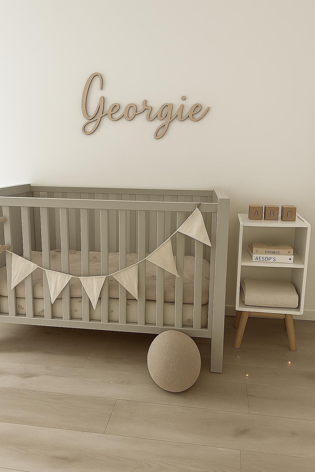 Cursive Baby Name Sign: Raw Birch Wood Nursery Decor (23-38" wide options)